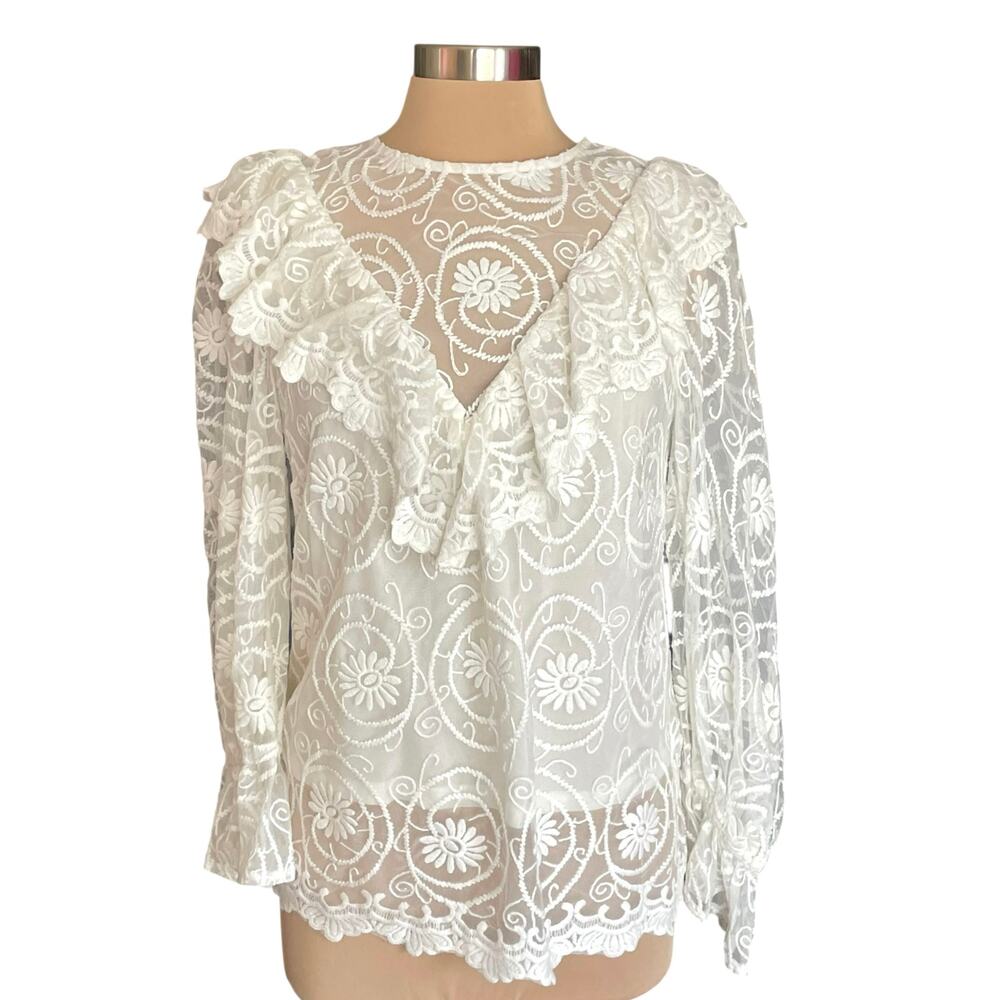 Flying Tomato White Lace Blouse Size M Ruffle Floral Embroidery Cottage Romantic